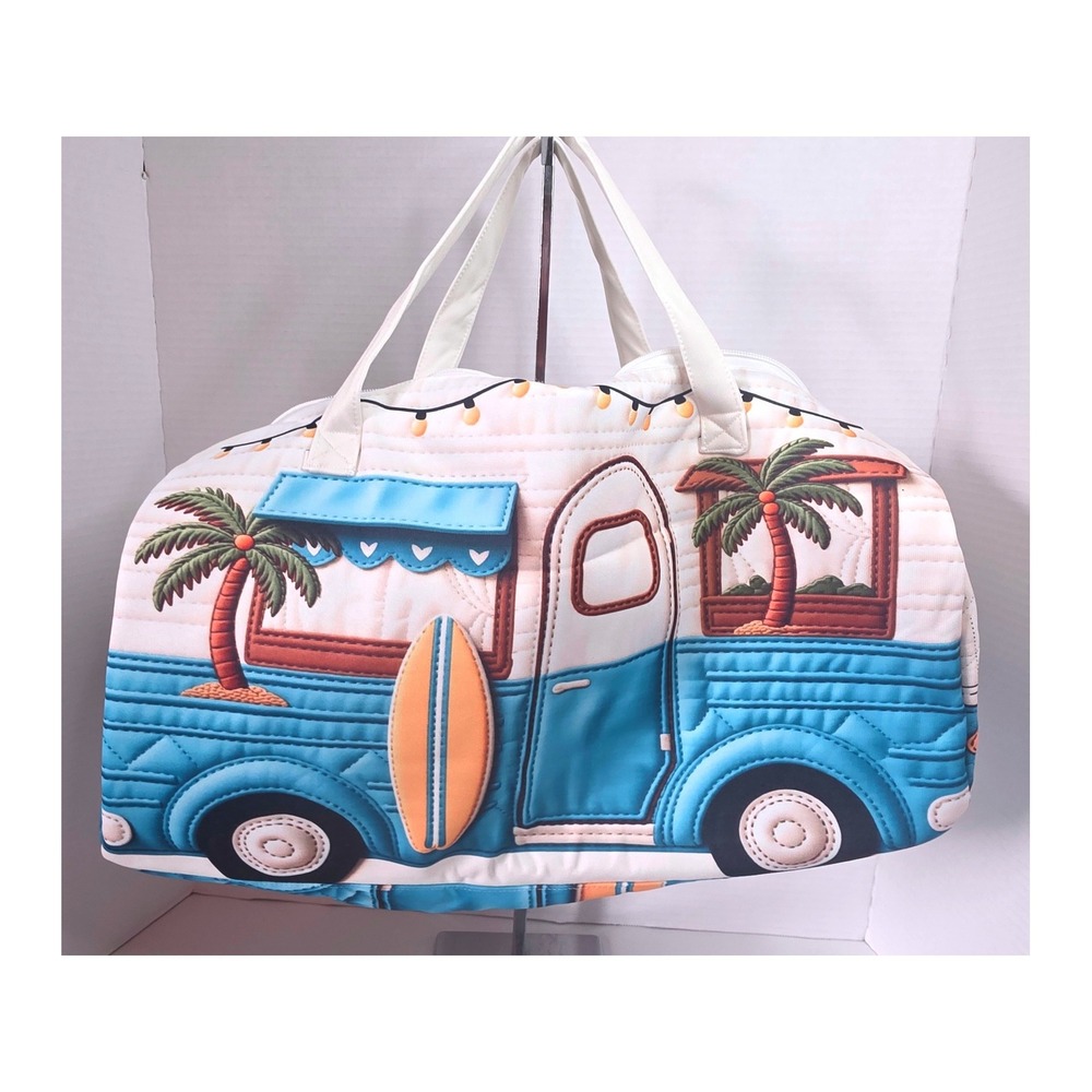 Quilted Beach Camper Duffel Bag Blue White Tropical Surfboard VW Bus Travel Tote